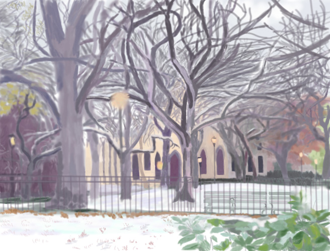 Park in snow with St Brigid by Lauren Edmond