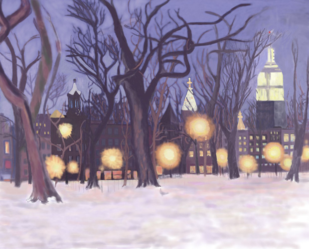 Tompkins Square Park in winter at dusk by Lauren Edmond